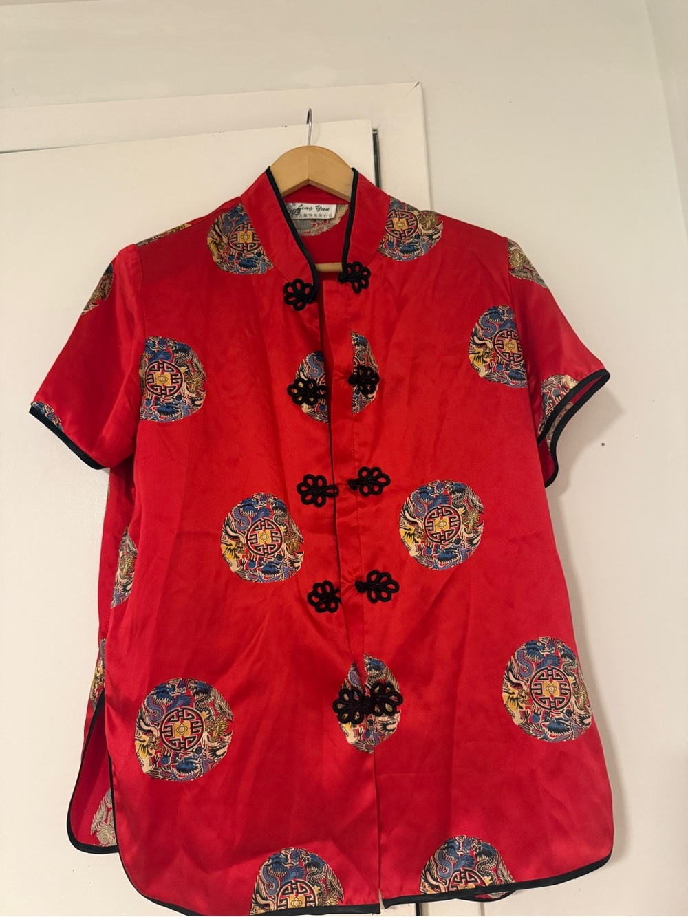 Red Embroidered Mandarin Button Short Sleeve Top
